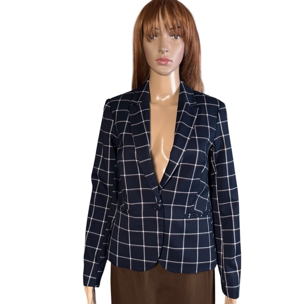 NWT New Etam Paris Navy Plaid Blazer Size S